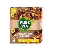 Pure Via Barres de Céréales Nuts, Chocolat & Banane - Riches en fibres - Sans sucre ajouté | 3 x 35g