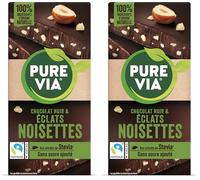 Pure Via Tablette Chocolat Noir & Éclats Noisettes à la stevia, sans sucre ajouté, Équitable 100g (Lot de 2)