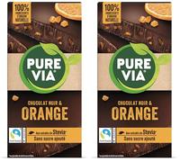Pure Via Tablette Chocolat Noir & Orange à la stevia, sans sucre ajouté, Équitable 100g (Lot de 2)