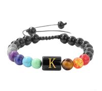PureBowlic Bracelet de perles tissé à la main avec quartz à sept couleurs et verre volcanique, réglable de 17,8 à 29 cm, bijou unisexe pour yoga, méditation, motif lettre de l'alphabet personnalisée
