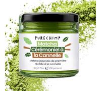 PureChimp Poudre de Matcha Cérémonial Saveur Cannelle 50g. 100% Thé Vert Pur avec Poudre de Cannelle. Cultivé l’Ombre pour Latte Matcha, Thé & Recettes. Pot en Verre Recyclable. Riche en Antioxydants