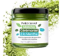 PureChimp Poudre de Matcha Cérémonial Saveur Menthe 50g. Thé Vert Pur avec Poudre de Menthe Poivrée. Cultivé à l’Ombre pour Latte Matcha, Thé & Recettes. Pot en Verre Recyclable. Riche en Antioxydants