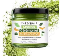 PureChimp Poudre de Matcha Cérémonielle Saveur Curcuma 50g. 100% Thé Vert Pur avec Curcuma, Cannelle&Gingembre. Cultivé à l’Ombre pour Latte & Recettes. Pot en Verre Recyclable. Riche en Antioxydants