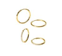 Purelei Lovely Glitter - Lot de 2 paires de boucles d'oreilles créoles (plaquées or ou argent) - Petits zircons et grandes créoles simples - Imperméables et hypoallergéniques, Normal, Acier inoxydable