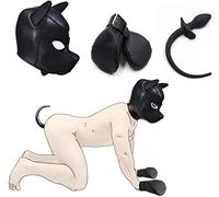 PURELOVEE Fétiche Puppy Jouer Bondage Kit, Dog Tail Butt Plug, Masque de Chien Hood, Gants de Poing, Jeux pour Adultes Animaux Cosplay Costume Sexy Toy,Noir