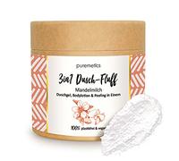 puremetics Gel douche 3 en 1 « lait d'amande » (250 g) | Gel douche, exfoliant et lotion en un seul | 100% végétalien et sans plastique | avec exfoliant au sucre