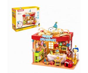 PUREMIND Snoopy Peanuts Anniversaire Puzzle 3D Bois, Maison de fête en kit | Sous licence officielle, cadeau Snoopy, figurine incluse, scène festive, assemblage DIY, pièce de collection, bureau, vitrine