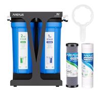 PUREPLUS Système de filtre à eau à double étape pour camping-car avec cartouches de sédiments rainurées et de carbone, certifié NSF/ANSI 42, raccords en acier inoxydable de 1,9 cm, réduit les