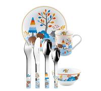 Puresigns FRIENDS Vaisselle pour enfant 7 pièces - Design durable avec animaux de la forêt - Blaireau, ours et famille de sangliers - Avec couverts, assiette, bol et tasse