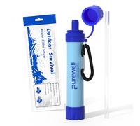 Purewell Paille Filtrante à Eau Survival - Filtre Portable 0.01 Micron Élimine 99.99% Bactéries - Avec Mousqueton - Pour Randonnée Camping Urgence - Durée de Vie 1500L Sans BPA