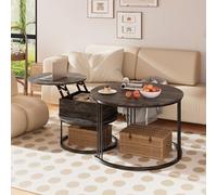 PURFINO Table Basse Gigogne Ronde - Set de 2 Table de Salon avec Plateau Relevable & Rangement Intégré (Ø70/50cm), Solution Gain de Place pour Salon, Bureau, Coin Détente