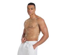 PURFUN Débardeur sexy en résille pour homme avec strass étincelants - Sans manches - Pour la plage, les raves, les scènes, les boîtes de nuit, Grand filet + petit strass/doré, X-Large