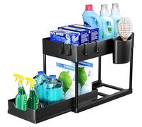 Puricon Lot de 1 Rangement sous Évier à 2 Étages, Organisateur Cuisine avec Tiroirs Amovibles, Rangement Coulissant sous Évier, Organisateur Placard, Étagère, Panier Coulissant pour Cuisine -Noir
