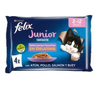 PURINA FELIX Fantastic Junior, 4 saveurs (Boeuf, Poulet, Thon, Saumon), (4x85gr) x 4