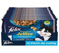 Purina Felix Sensations Jellies Nourriture Humide pour Chats avec Saumon en gelée insavoureuse avec des Jambes et Une Truite en gelée et épinards, 48 sachets de 85 g chacune