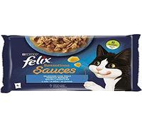 Purina Felix Sensations Sauces Aliments humides pour Chats avec Saumon en Sauce au goût crevettes et Sardines en Sauce aux Carottes, 4 enveloppes de 85 g chacune