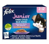 PURINA - FELIX - Tendres Effilés Junior - Chat - Aliment Complet, Convient au Chaton stérilisé - Au Poulet, Au Boeuf, Au Saumon et à la Truite - Gelée - Lot de 6 boîtes de 12 x 85g