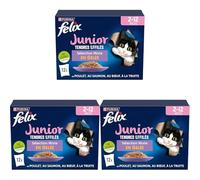 PURINA - Felix - Tendres Effilés Junior - Chat - Aliment Complet, Convient au Chaton stérilisé - Au Poulet, Au Boeuf, Au Saumon et à la Truite - Gelée - Portion Individuelle - 12 x 85g (Lot de 3)