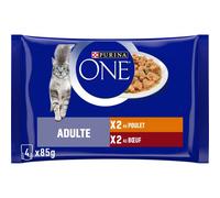 PURINA ONE Adulte Effilés en Sauce Saveurs Assortis Poulet et Bœuf Sachets Repas pour Chats Adultes 4x85g | Lot de 12