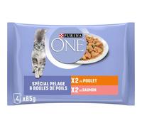 PURINA ONE | BIFENSIS | Chat Adulte | Spécial Pelage et Boules de Poils | Minimise la formation de boules de poils | Effilés en Sauce | Sachet Fraîcheur | Poulet, Saumon | Lot de 12 (4 x 85g)