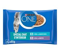 Purina ONE Chat d'Intérieur Thon Veau 4x85g | Nourriture Chat d'Intérieur Sauce au Thon, Veau - Contrôle du poids, limite la l'apparition de poils - Repas Chat