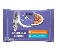 PURINA ONE Chat Sensible Effilés en Sauce Saveurs Assortis Poulet et Thon Sachets Repas pour Chats Adultes 4x85g | Lot de 12