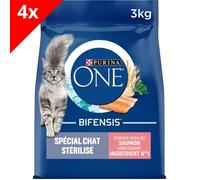 PURINA ONE | BIFENSIS | Spécial Chat Adulte Stérilisé | Renforce le système immunitaire, améliore l'équilibre du microbiome et aide à maintenir un système urinaire sain | Saumon | Sac | Lot de 4 x 3Kg