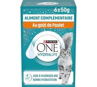 PURINA ONE | HYDRALIFE | Aliment Complémentaire pour Chat Adulte | Aide à favoriser la Bonne hydratation et Soutenir Le microbiome intestinal | au Poulet | Sachets Fraîcheur | Lot de 8 (6 x 50g)