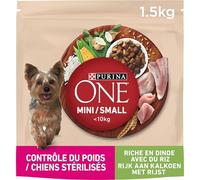 PURINA ONE Mini <10kg Contrôle du Poids | Riche en Dinde Avec du Riz Croquettes | Chiens Adultes de Petite Taille Peu Actifs ou en Surpoids Sac de 1,5kg | Lot de 6