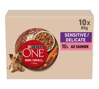 PURINA ONE Mini/Small <10kg Sensitive/Delicate, Effilés au Saumon, au Riz et aux Carottes en sauce pour Chiens Adultes de Petite Taille | Digestion Sensible Sachets Repas 10x85g | Lot de 6