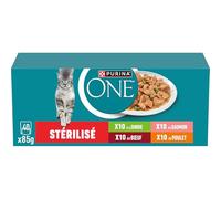 Purina ONE Aliment complet Chat stérilisé – Effilés en sauce poulet/boeuf/saumon/dinde – 40 x 85 g