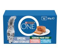 PURINA ONE | Terrines pour Chat Stérilisé | Aide à maintenir un système immunitaire sain, soutenir l'équilibre du microbiome intestinal et à contrôler le poids | Saumon et Cabillaud |Boîtes | 4 x 85 g