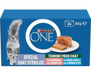 PURINA ONE | Terrines pour Chat Stérilisé | Aide à maintenir un système immunitaire sain, soutenir l'équilibre du microbiome intestinal et à contrôler le poids | Saumon et Cabillaud |Boîtes | 4 x 85 g