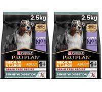PURINA PRO PLAN | Sensitive Digestion | Croquettes sans céréales pour Chien Adulte de grande et moyenne taille | Favorise un système digestif sRiche en Dinde | Croquettes | Sac | Lot de 2 (1 x 2.5 kg)