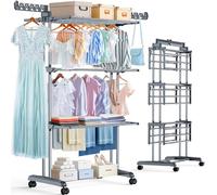 PurKeep Étendoir à Linge 4 Niveaux - Séchoir à Linge Pliable avec roulettes, Étendoir Linge Intérieur/Extérieur en Acier Inoxydable, Grand Séchoir à Linge pour Buanderie, Balcon, Gris et Noir