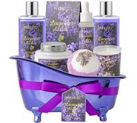Purlezz Cadeaux d'anniversaire pour femmes, kit de spa de luxe pour la maison, ensemble cadeau de bain 8 pièces lavande et lilas, paniers-cadeaux pour femmes uniques avec bombes de bain, sel mari