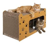Purlov Maison à chat 3 en 1 avec 2 niveaux - HDF & carton ondulé extra solide, surface de couchage + surface à gratter + jeu, stable et antidérapant, pour 1 à 2 chats, balles incluses - 29,5 × 56 × 27