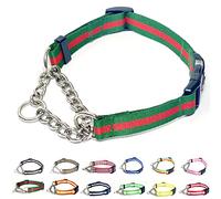 PUROAYET Collier martingale pour chiens, collier réglable en nylon avec boucle à dégagement rapide, rayures multicolores, chaîne en acier inoxydable, collier de dressage anti-traction pour petits