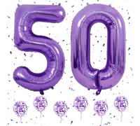 Purple 50Th Birthday Balloon, 40 Inch Foil Helium Number Balloons With 6Pcs Purple Confetti Balloons For 50Th Boys Girls Women Men Birthday Birthday Party Decoration