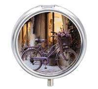 Purple Bike by The Window Pilulier à 3 compartiments, petite boîte à pilules ronde pour sac à main et poche, boîte à médicaments quotidienne portable pour contenir des vitamines, des suppléments, des