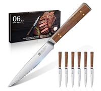 Purple Dragon Set de 6 Couteaux à Steak Couteaux à Steak à Lame Ondulée avec Manche en Bois Ergonomique Utensiles de Cuisine en Acier Inoxydable Haute Qualité Cadeau pour Emménagement Anniversaire