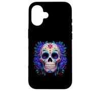 Purple Floral Black Sugar Skull Day of The Dead Mexican Art Coque pour iPhone 16