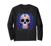 Purple Floral Black Sugar Skull Day of The Dead Mexican Art Manche Longue