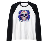 Purple Floral Black Sugar Skull Day of The Dead Mexican Art Manche Raglan