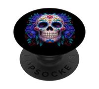 Purple Floral Black Sugar Skull Day of The Dead Mexican Art PopSockets PopGrip Adhésif