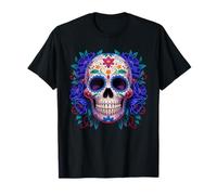 Purple Floral Black Sugar Skull Day of The Dead Mexican Art T-Shirt
