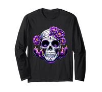 Purple Floral Black Sugar Skull Day of The Dead Mexican Pray Manche Longue
