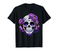 Purple Floral Black Sugar Skull Day of The Dead Mexican Pray T-Shirt