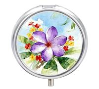Purple Gardenias Pilulier rond d'été avec 3 compartiments avec miroir pour vitamines, médicaments, suppléments, cadeau