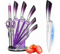 Purple Kitchen Knife Set with Rotating Knife Block,Acrylic Knife Block Set,Non-stick Coating Knife Set with Sharpener,Gift for Girl (Purple)